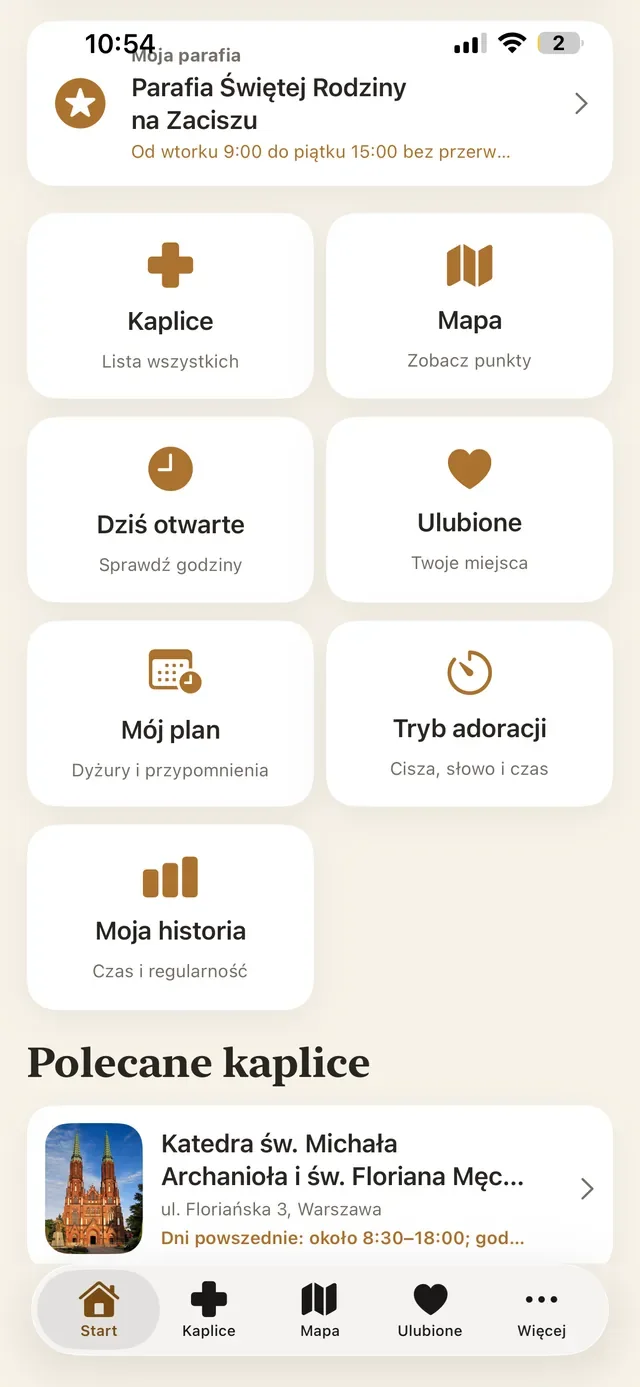 Panel aplikacji Adoracja: kaplice, mapa, ulubione i plan