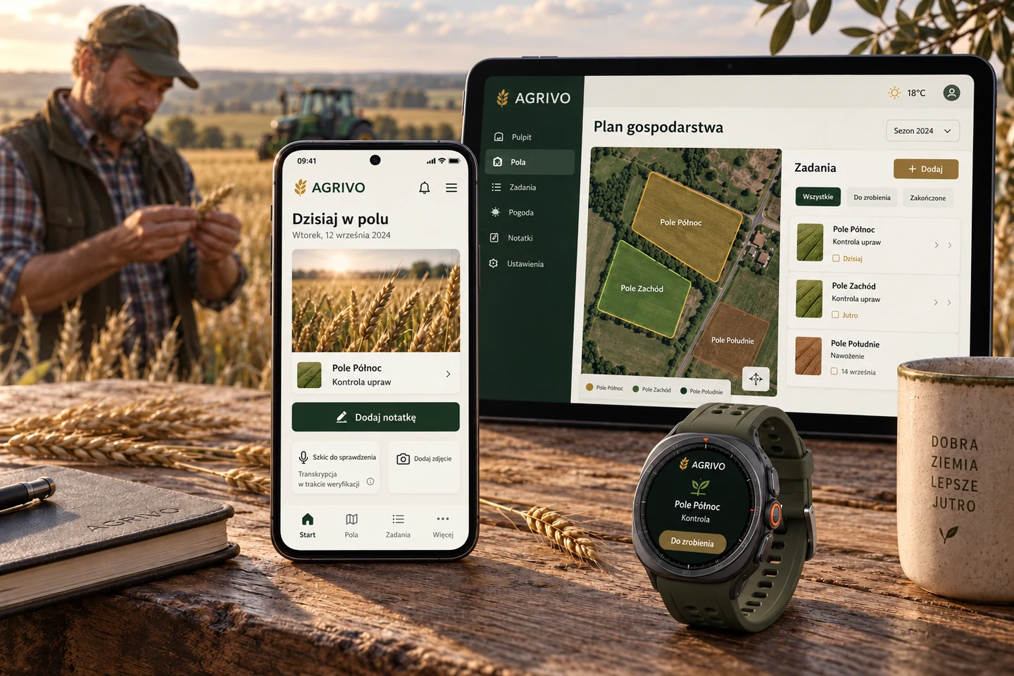 AGRIVO — projekt ekranów: Notatki z pola w telefonie Android, plan gospodarstwa i zadanie na okrągłym zegarku terenowym.