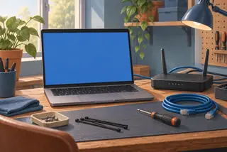 Ilustracja laptopa i przyborów serwisu informatycznego