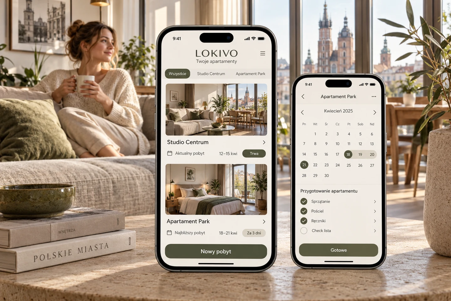 LOKIVO — projekt ekranów: Wybór apartamentu dla gościa. Terminy i lokale dla zarządcy.