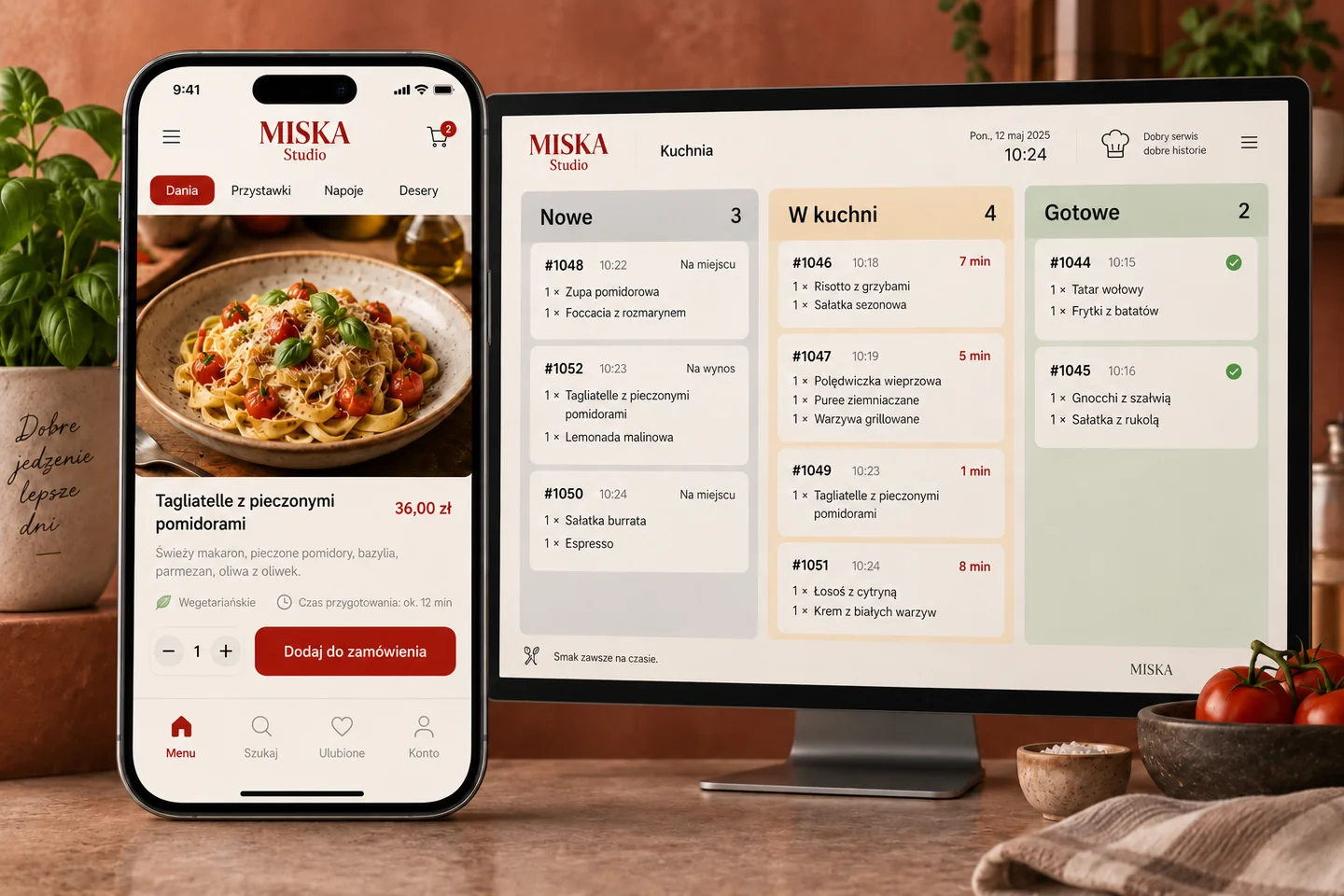 MISKA Studio — projekt ekranów: Menu i wybór dania dla gościa. Kolejka zamówień dla kuchni.