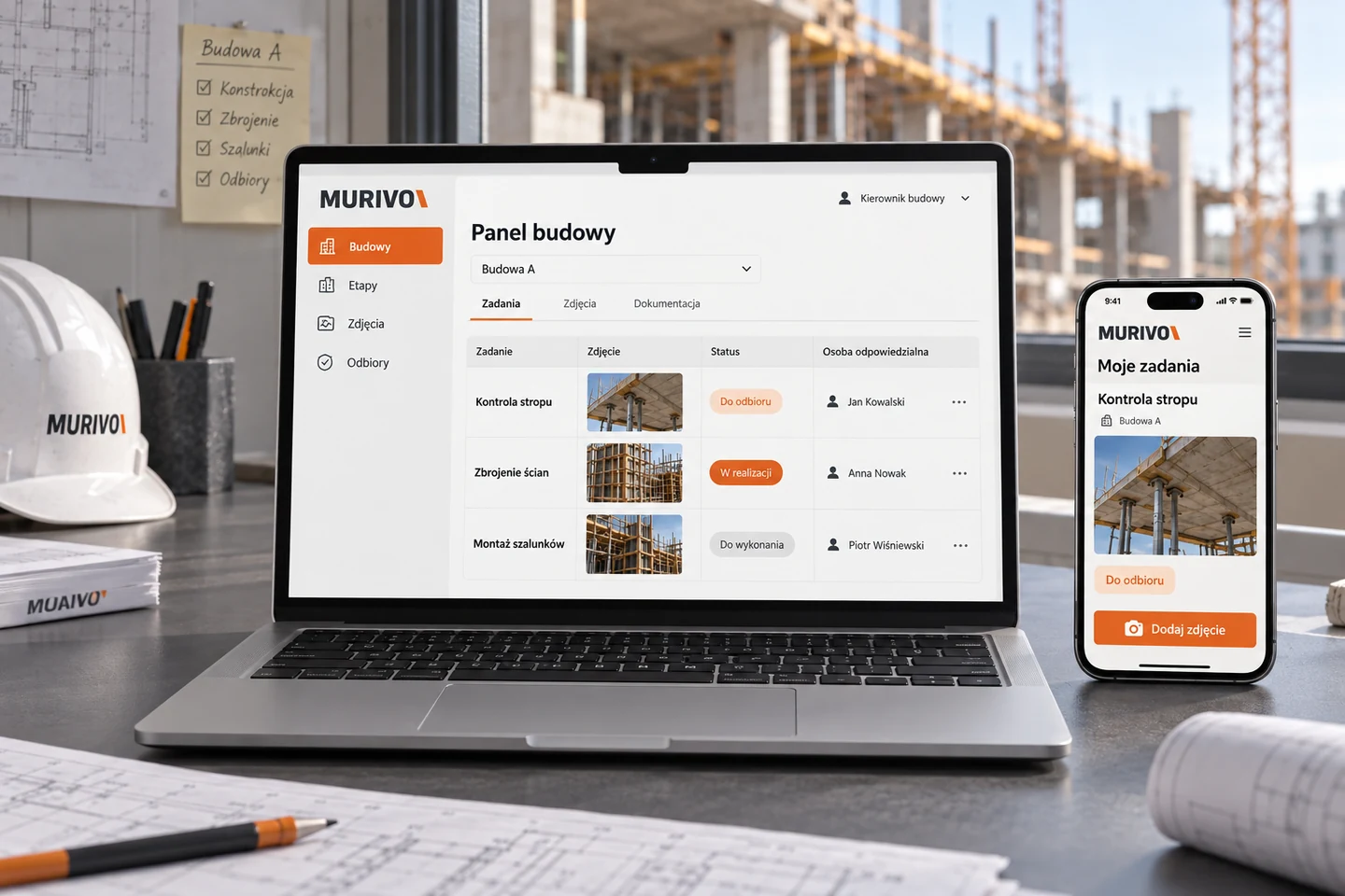 MURIVO — projekt ekranów: Projekt dla zespołu budowlanego: dokumentacja z telefonu i przegląd etapów na laptopie.