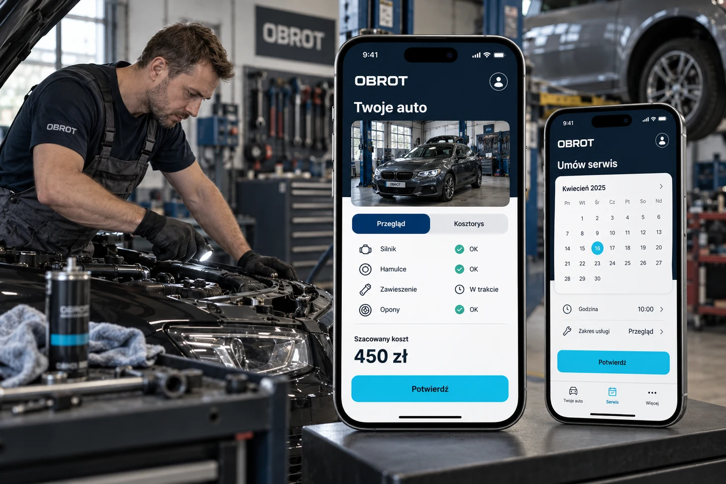 OBROT Garage — projekt ekranów: Zakres prac dla właściciela auta. Terminy i zlecenia dla warsztatu.