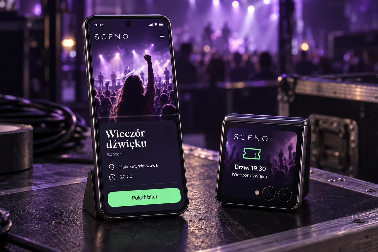SCENO — projekt ekranów: Wydarzenie na otwartym telefonie Flip. Godzina wejścia na ekranie zewnętrznym.