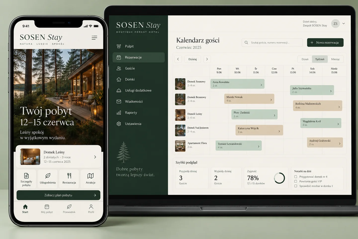 SOSEN Stay — projekt ekranów: Szczegóły pobytu dla gościa i kalendarz rezerwacji dla hotelu.