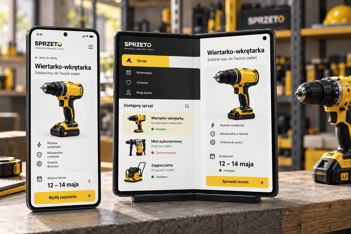 SPRZETO — projekt ekranów: Zapytanie o narzędzie w telefonie Android. Katalog i dostępność na ekranie składanym.